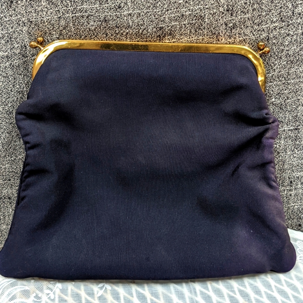 VINTAGE Black Satin Lined Evening Bag/ Folding Purse/Clutch, Kissing Closure